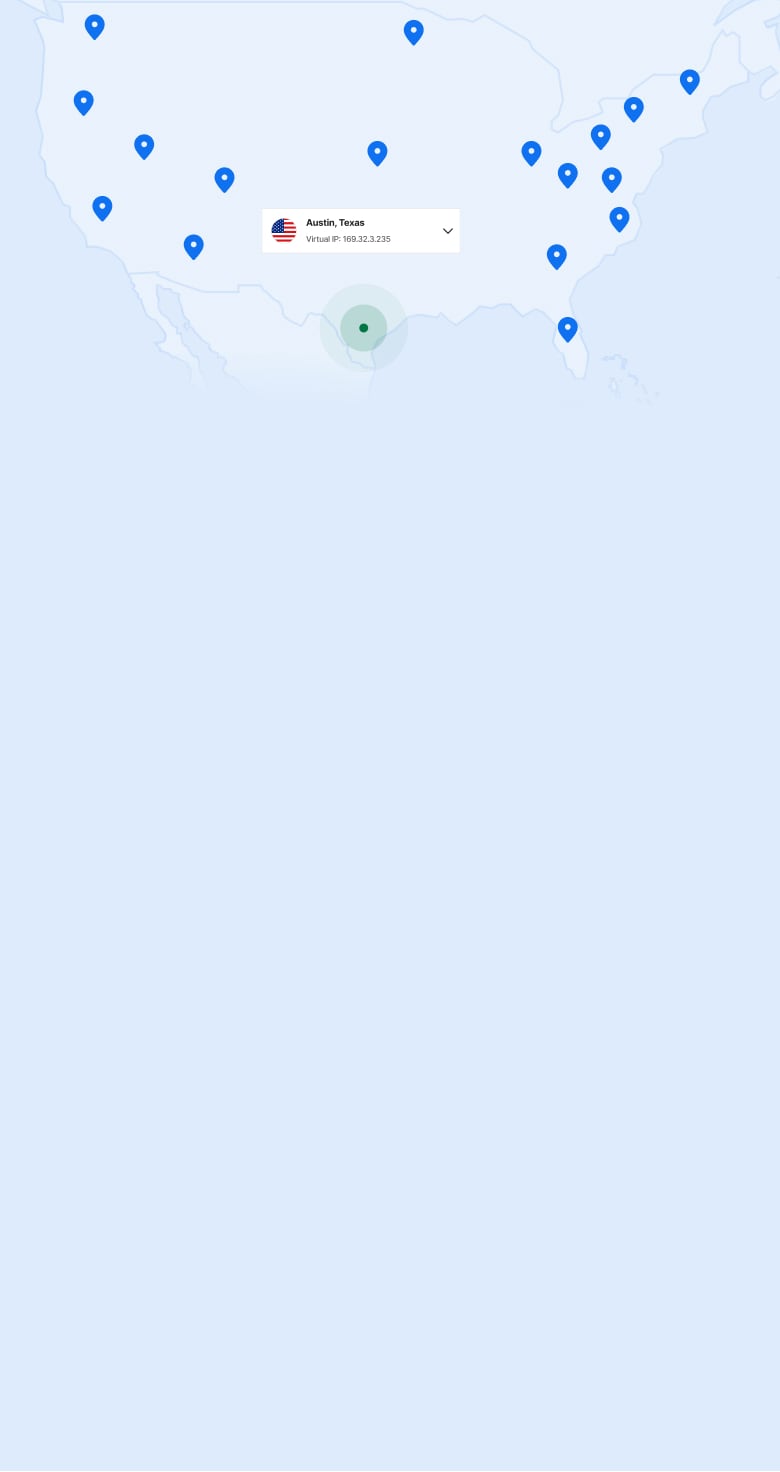 Mapa Stanów Zjednoczonych z pinezkami oznaczającymi lokalizacje serwerów