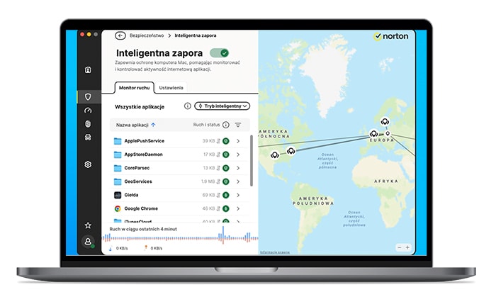 Obraz komputera Macbook z nieskonfigurowaną ochroną Norton.