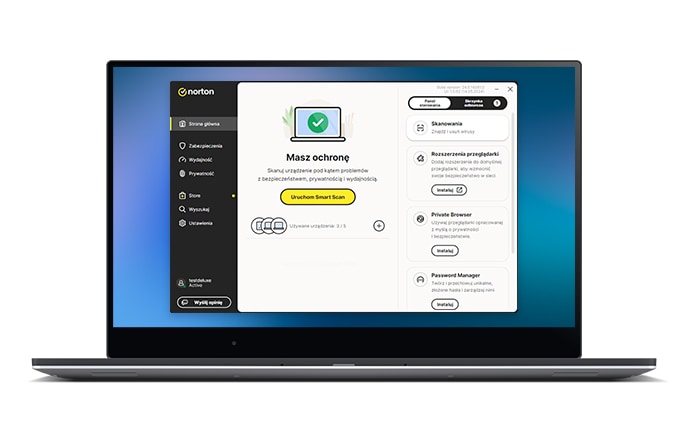 Obraz komputera Macbook z komunikatem Moje urządzenie Norton jest chronione.